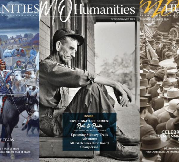 A photo of the MO Humanities magazine featuring an old black and white photo of a man sitting against a wall